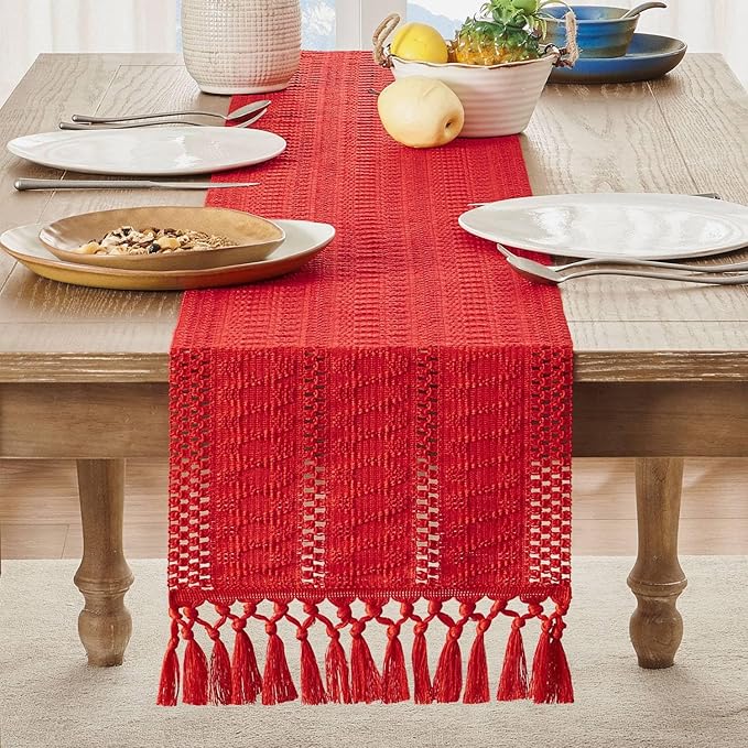 ZeeMart Macrame Style Boho Table Runner, Red Table Runners 72 Inches Long, Farmhouse Woven Home Decor, 12x72 Inch, Red