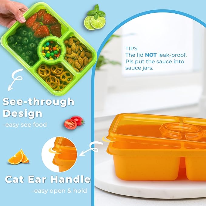 Bento Snack Box Containers, Meal Prep Container Reusable for Kids, Stackable Bento Box Adult 4 Pack, Divided Food Storage Containers with Clear Lids, Sauce Container, Bright Colors