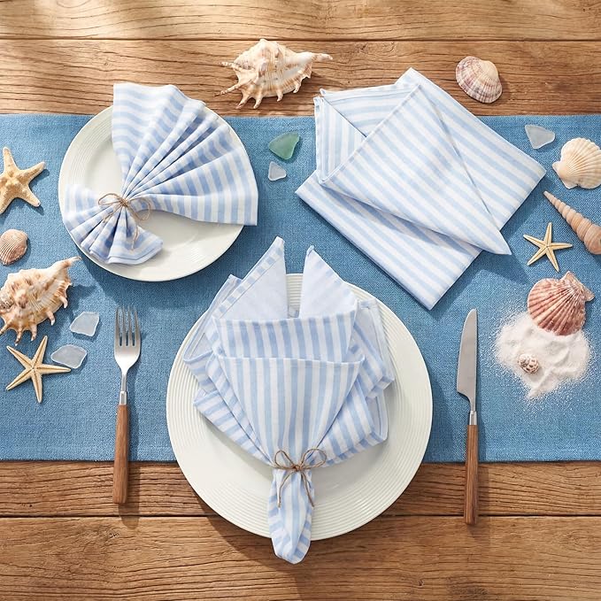 Funnymoom 24 Pcs Coastal Blue and White Striped Cloth Napkins Last Toast on the Coast Party Reusable Napkins French Retro Toile Dinner Soft Absorbent for Summer Holiday Party