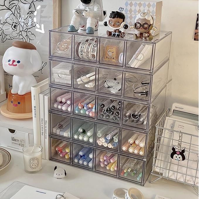 2 Pack Acrylic Storage Drawer Organizer, Dustproof Pen and Marker Storage Organizer for Desk, Clear Makeup Drawer Organizers with 8 Drawers for Art Crafts, Marker, Countertop