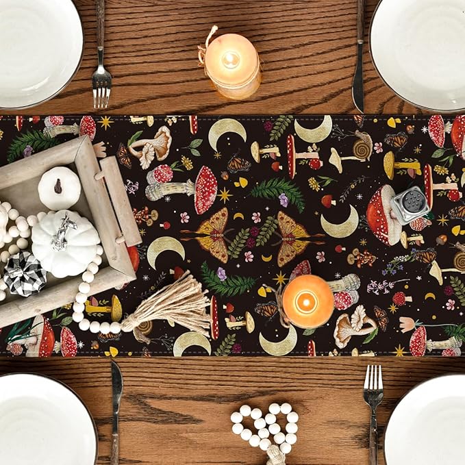 Artoid Mode Black Modern Mushroom Fall Table Runner, Seasonal Botanic Farmhouse Kitchen Dining Table Decoration for Home Party Decor 13x72 Inch