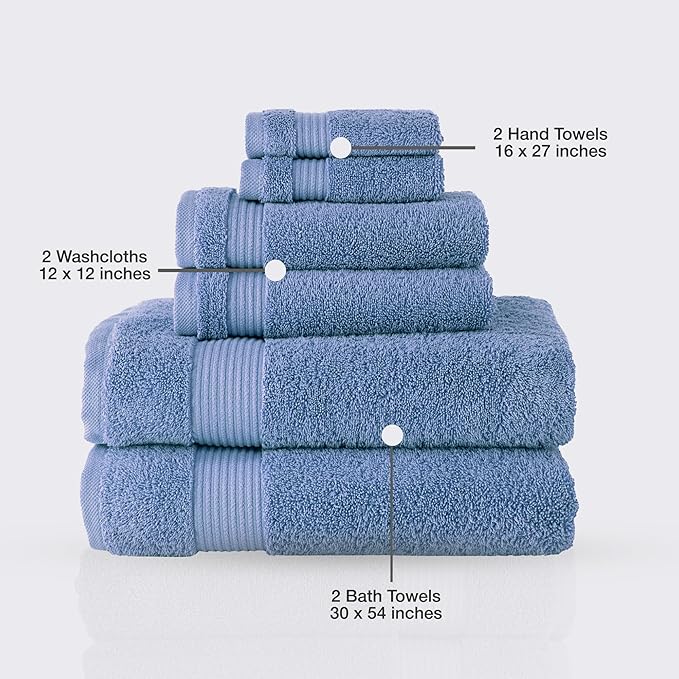 Classic Turkish Towels CTT - Luxury 6 Piece Towel Set, 100% Turkish Cotton, Quick Drying, Highly Absorbent & Comfy, Includes 2 Bath Towels, 2 Hand Towels & 2 Washcloths | (Blue)