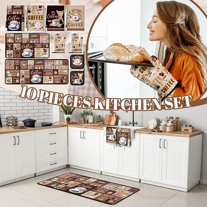 Fourluoo 10 Pcs Coffee Kitchen Decor and Accessories Coffee Oven Mitts and Pot Holders Set Dish Towels Farmhouse Kitchen Decor Vintage Brown Gloves for Chef Baking Cooking Grilling BBQ Women Gift