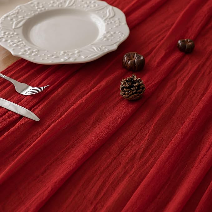 Keketoarrange 10pcs Red Cheesecloth Table Runner Cheese Cloth Rustic Gauze Table Runner 120 Inch 10 FT for Wedding Baby Bridal Shower Sheer Boho Holiday Spring Home Decorations