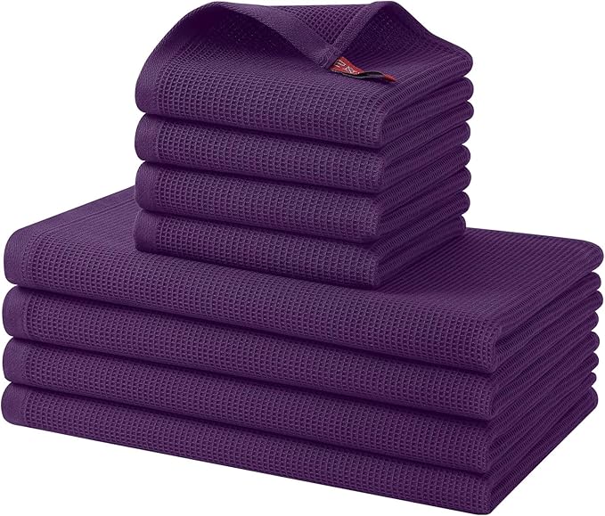 Homaxy 100% Cotton Kitchen Towels and Dishcloths Set - 8 Pack Waffle Weave Soft and Absorbent Dish Towels - 26 X 16 Inch and 12 X 12 Inch - Eggplant