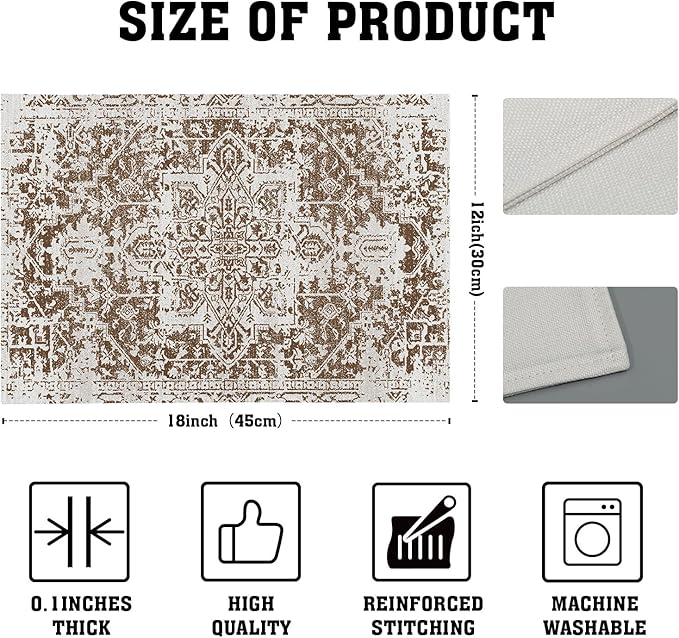 aportt Gray Brown Boho Placemats Set of 6 Ethnic Bohemian Carpet Place Mats Washable Kitchen Dining Vintage Grey Geography Floral Linen Table Mats Stain Heat-Resistant for Home Party Indoor 12x18 in