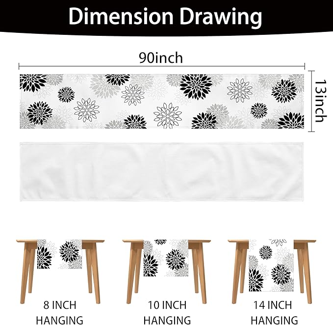 Dahlia Flower Table Runner 13x90 Inch Farmhouse Blue Gray Runners Modern Table Decorations Rustic Geometric Coffee Table Runner for Home Kitchen Dining Room Party (13"x90", Dahlia Floral-Black)