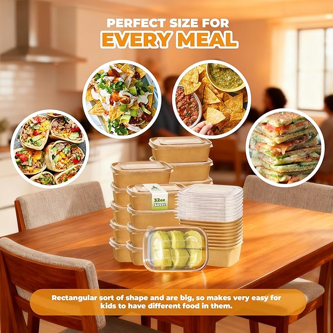 Kaderron 50 Pack 25 OZ Large Paper Bowls with Lids【with Spoons and Forks】, Heavy Duty Disposable Meal Prep Containers for Party, Disposable Bowls Bulk Soak-Proof and Microwave Safe for Hot/Cold Use