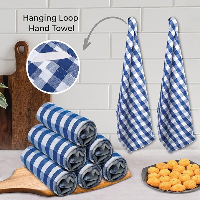 Urban Villa Kitchen Towels 100% Cotton Dish Towels for Kitchen (Set of 6) 20”x30” Dish Cloths Highly Absorbent Kitchen Linen Set with Hanging Loop Perfect for Drying Dishes Cleaning – Blue/White