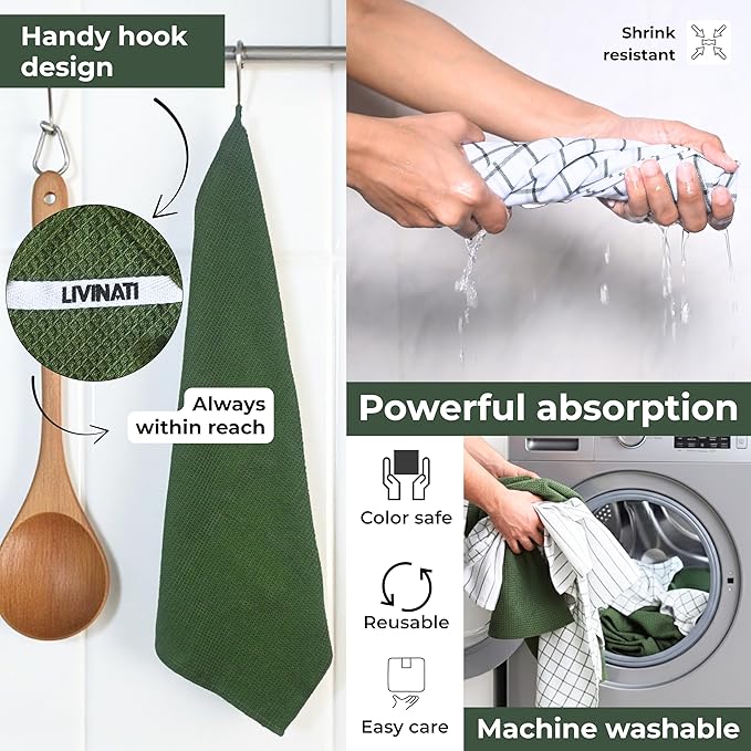 Cotton Dish Towels For Kitchen Drying - Highly Absorbent Wide Sage Green Striped Plaid Tea Towels - 18"X28" Set Of 6 Farmhouse Linen Dishtowels In Bulk - Pano De Prato Para Cozinha - T Towles Towls