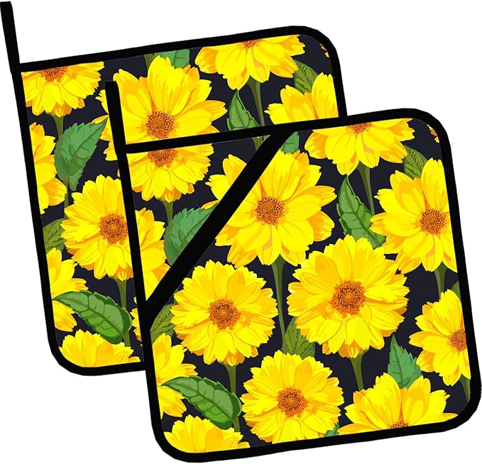 Pot Holders for Kitchen Heat Resistant Pot Holders,Watercolor Blooming Sunflowers Set of 2 Oven Hot Pads for Cooking Baking BBQ Gifts for Women Men