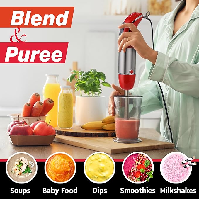 Mueller Multistick 800W 4-in-1 Immersion Blender Handheld, 12 Speed Hand Mixer - Turbo Boost, Heaviest Duty Copper Motor, Titanium Blades Hand Blender, Milk Frother Wand, Whisk, Beaker, Chopper, Red