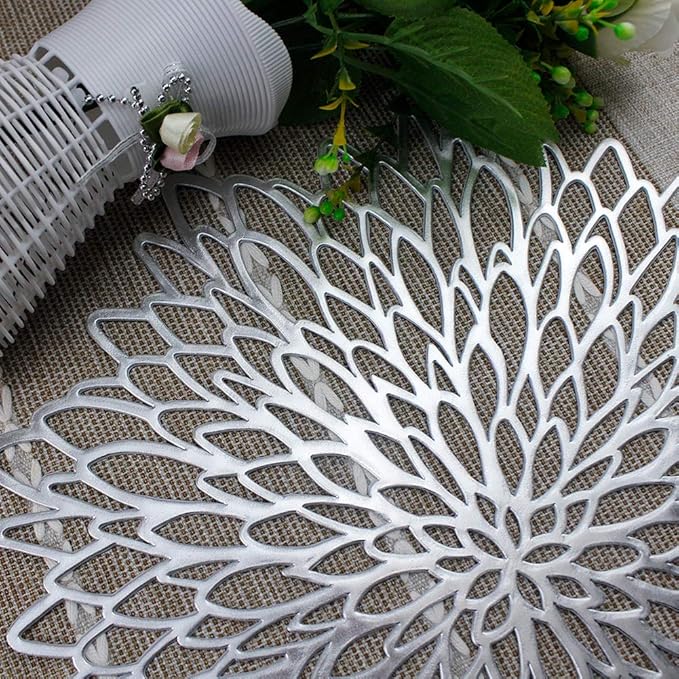 AdasBridal Silver Round Placemats for Dinner Table Set of 6 Hollow-Out Vinyl Place Mats for Kitchen Table Decor Wedding Accent Centerpiece Table Mats