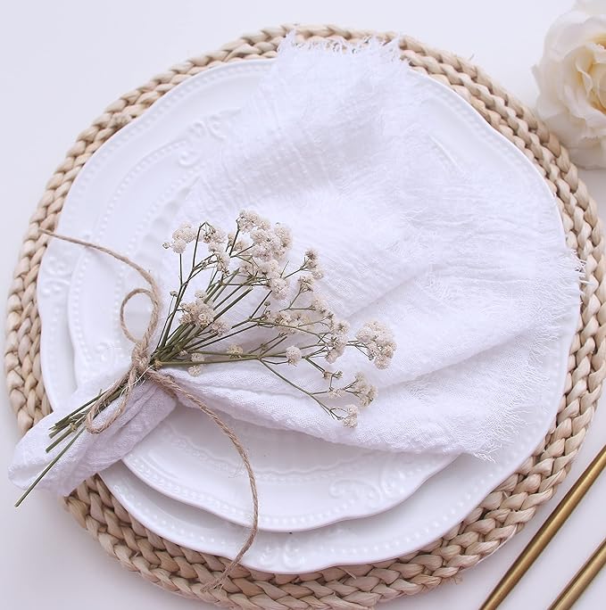 Cloth Napkins with Fringe Set of 12,100% Natural Soft Cotton,Washable Gauze Napkins Great for Weddings Decorative,Dinner Parties,Family Everyday Use (12 Pack, White)