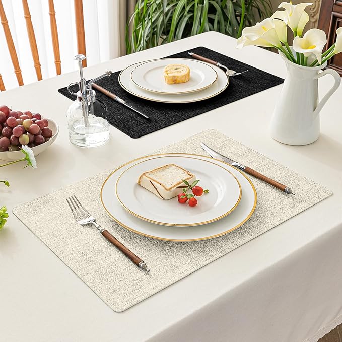Romanstile Vinyl Placemats Set of 4-12x17 Inch, Reversible Waterproof Washable Non Slip Table Mats, Faux Leather Heat Resistant Wipeable Table Placemats for Dining/Party/Indoor/Outdoor, Black-Beige
