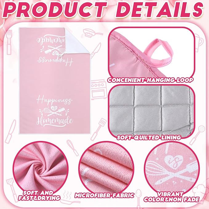 Sratte 6 Pcs Kitchen Decor Accessories Set Farmhouse Towels Pot Holders Oven Mitts Set 2 Dish Towels 2 Potholders 2 Cooking Mittens Oven Glove for Christmas Baking Cooking Supply(Pink,Kitchen)