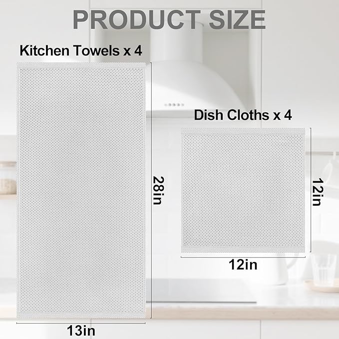 Homaxy 100% Cotton Kitchen Towels and Dishcloths Set, 12 x 12 Inches and 13 x 28 Inches, Set of 8 Bulk Kitchen Towels Set, Ultra Soft Absorbent Dish Cloths for Washing Dishes, Light Gray
