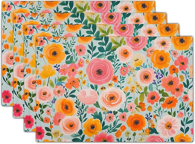 Watercolor Flower Printed Placemat Set of 4 Decoration Linen Place Mat for Home Dining Table Indoor Outdoor