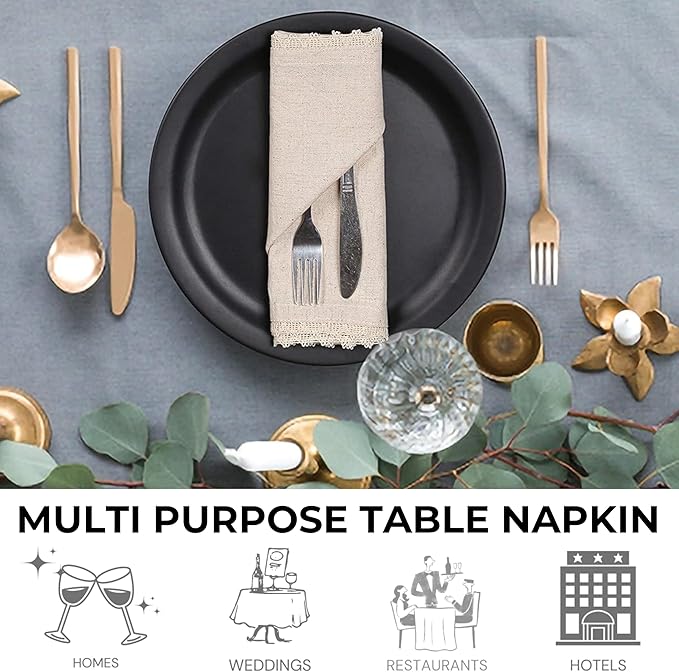 Homidate Cloth Dinner Napkins Linen Flax Cotton 18x18 Set of 12 – Natural with Lace & Mitered Corners – Machine Washable Reusable Fabric Napkins for Weddings, Parties & Table Decorations