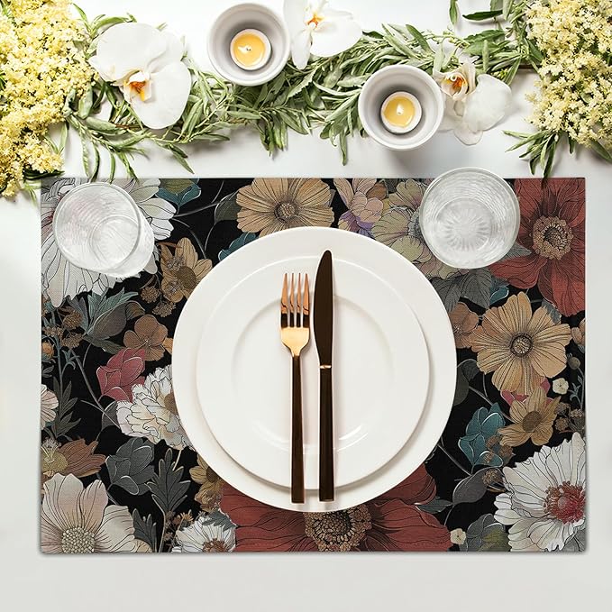 Giwawa Black Boho Floral Placemats Set of 4, 12"x18" Vintage Watercolor Flowers Table Mats, Rustic Retro Plant Heat Resistant Washable Linen Place Mat for Kitchen Dining Season Party Decor