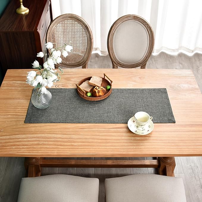 NEWISHER Farmhouse Rustic Table Runner Dark Grey Rectangular Table Runners Faux Linen Table Runner for Everyday Use Kitchen Dining Party Table 13x36 Inch