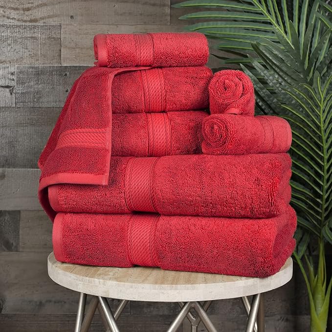 SUPERIOR Egyptian Cotton Pile 8 Piece Towel Set, Includes 2 Bath, 2 Hand, 4 Face Towels/Washcloths, Ultra Soft Luxury Towels, Thick Plush Essentials, Guest Bath, Spa, Hotel Bathroom, Red