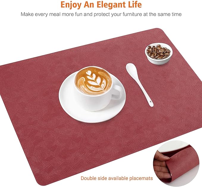 Vinyl Placemats Set of 12 Heat Resistant Easy Clean Non-Slip Place Mats for Dining Table Faux Leather Waterproof Stain Resistant Wipeable Washable PVC Table Mats(12, Red)