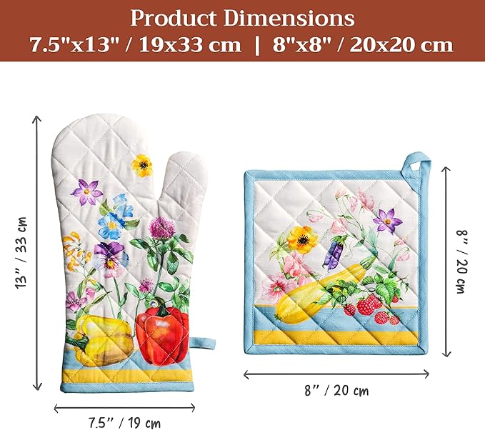 Maison d' Hermine 100% Cotton Oven Mitt & Pot Holder Set (7.5"x13" & 8"x8") Heat Resistant BBQ Cooking Gloves with Loop Baking Grilling Kitchen Gifts for Mothers Day Spring/Summer (Giverny)
