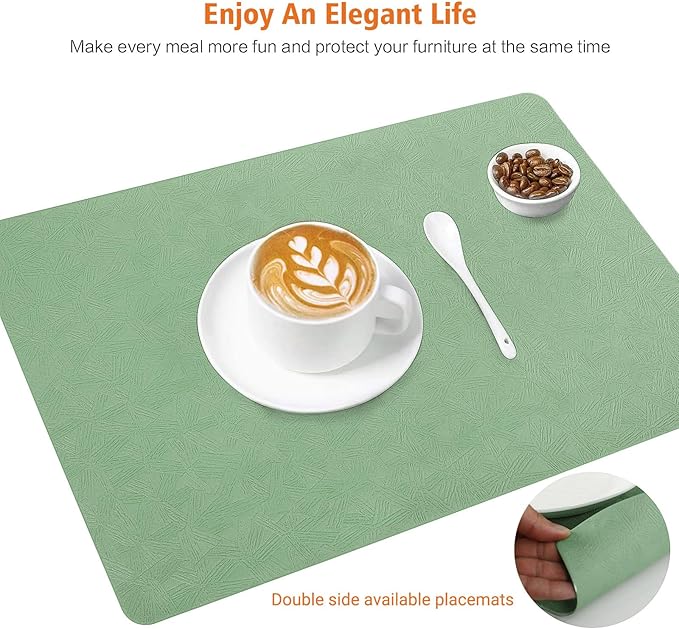 Vinyl Placemats Set of 6 Heat Resistant Easy Clean Non-Slip Place Mats for Dining Table Faux Leather Waterproof Stain Resistant Wipeable Washable PVC Table Mats(6, Green)