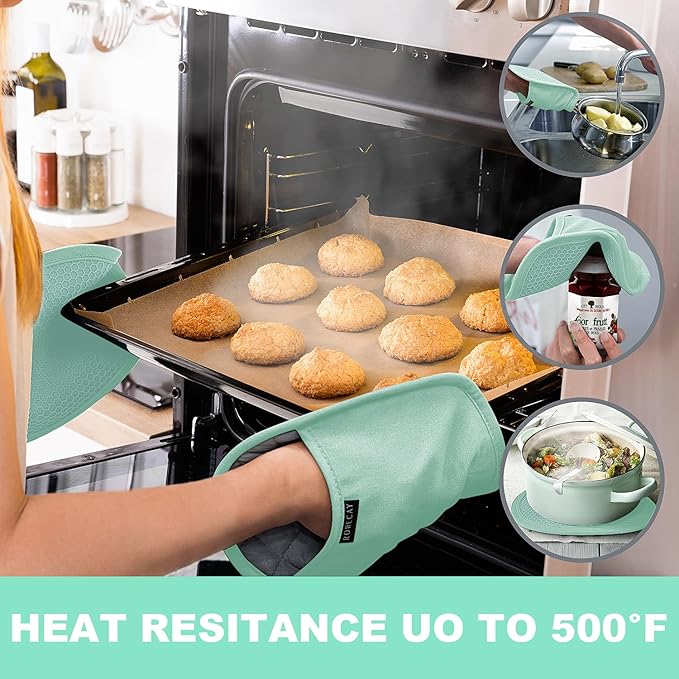 2-Pack Silicone Pot Holders for Kitchen Heat Resistant up to 500°F, Non-Slip Large Hot Pads with Pocket, Quilted Liner Trivets for Countertops Hot Pots and Pans (Bermuda Teal)