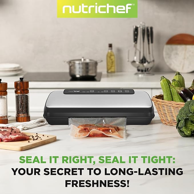 NutriChef Food Vacuum Sealer Machine, 110W Stainless Steel Automatic Chamber Vacuum Sealer with LED Touch Controls, For Food Storage, 5 Reusable Vacuum Bags, Hose & Wine Stopper, 14" x 6" x 3"