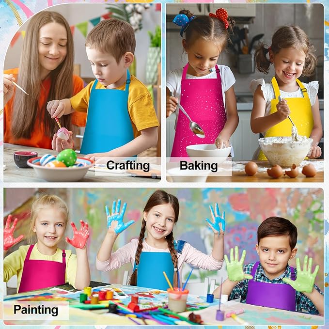 PLULON 4 Pcs Kids Aprons with 2 Pockets Painting Aprons for Kids Aprons Bulk, Paint Apron Adjustable Children Chef Aprons for Girls Boys Painting Baking Cooking Crafting - 4 Colors