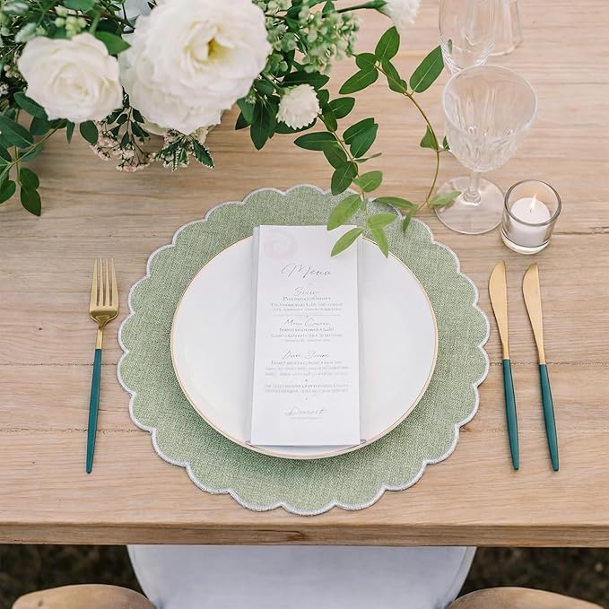 Set of 12 Sage Green Cotton Placemats 15 Inch Round Scalloped Embroidery Placemats Washable Double Layered Rustic Table Mat Fabric Napkins for Wedding Table Decor