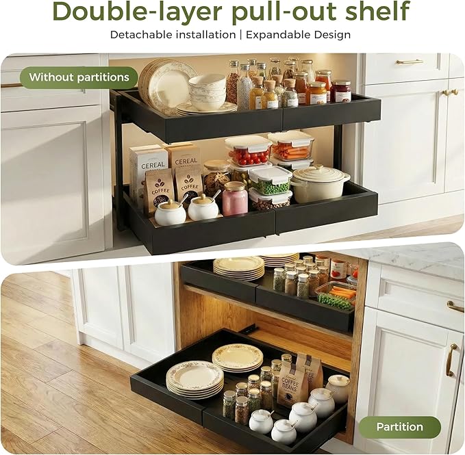 Abalter Expandable Pull Out Cabinet Organizer, 2-Tier Slide Out Drawer for Kitchen Cabinets, Adjustable Width 12-18.5", Slide Out Shelves for Kitchen Countertop, Bathroom, Pantry, Heavy Duty Caddy