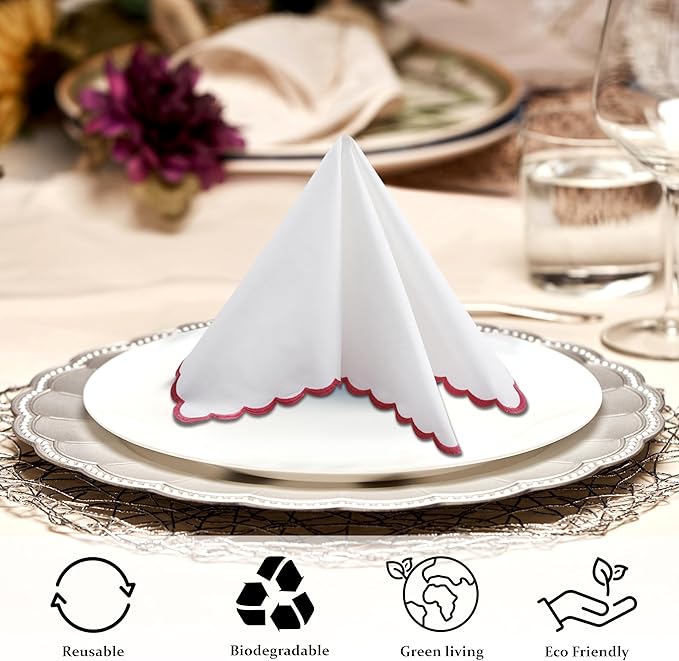 Ridhi Cloth Napkins 100% Pure Cotton Farmhouse Wedding Dinner Napkins Gift for Spring, Easter, Valentine, Holiday, Everyday Napkin (4-18" x 18" White with Pink Edge)
