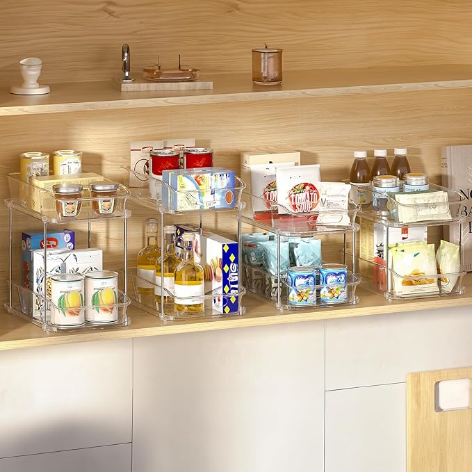 Delamu 2-Tier Under Sink Organizers and Storage, Multi-Purpose Stackable Bathroom Cabinet organizers, Pull Out Kitchen Pantry Organization and Storage with Dividers(4 Pack, Clear)