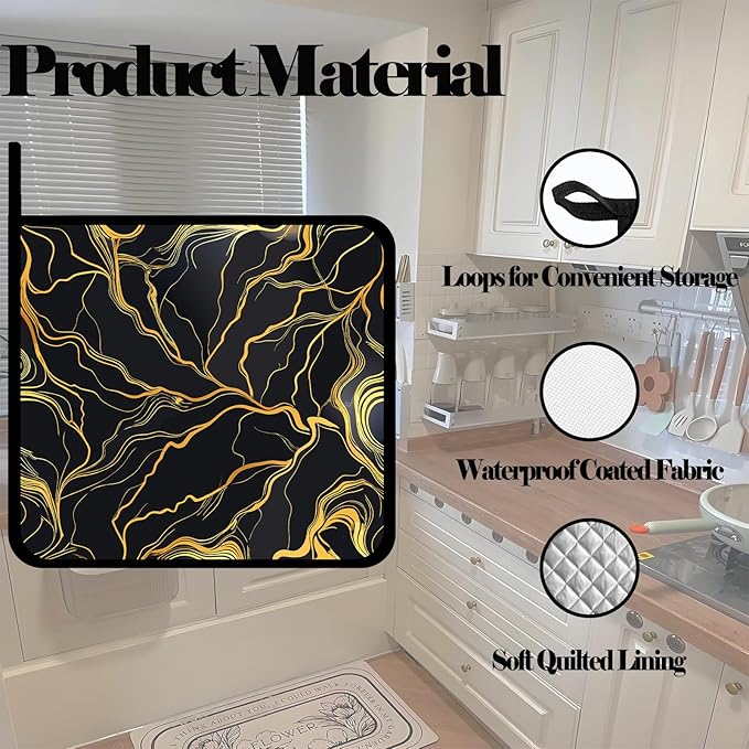 Black Golden Marble Pot Holders 2 PCS,Kitchen Heat Resistant Hot Pads for Cooking Grilling Baking BBQ, Pot Holders for Women Cook Home Microwave
