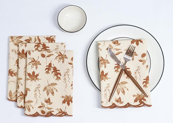 PurpleEssences Scalloped Embroidery Cloth Napkins - Spring Easter Summer - Table Decor - 100% Cotton - Set of 4-18x18 inch - Aurelia(Edges - Rust)