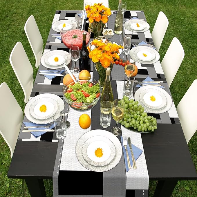 ArtSocket Geometric Table Runner and Placemats Set of 6, White Black Grey Abstract Painting Art Dining Decor for Daily Use(1 Table Runner 72 inches Long and 6 Placemats)