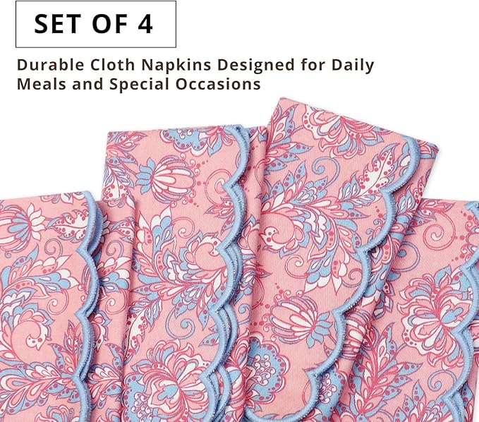 PurpleEssences Scalloped Embroidery Kalamkari Cloth Napkins - Spring Easter Summer - Table Decor - 100% Cotton - Set of 4-18x18 inch - Blush Pink Edges Light Blue
