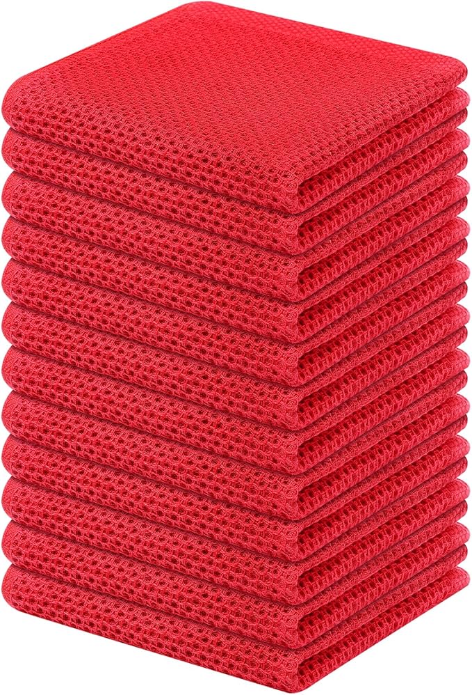 Kitinjoy 100% Cotton Kitchen Dish Cloths (12 X 12 Inches, Red), 12 Pack Waffle Weave Ultra Soft Absorbent Dish Towels for Drying Dishes Quick Drying Kitchen Towels Dish Rags