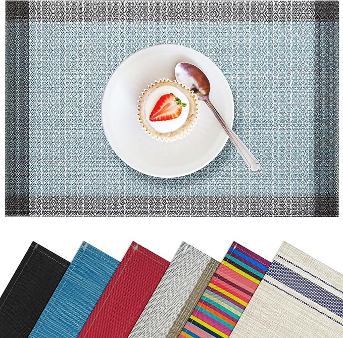 Blue Grey Placemats Set of 4, 12x18 Inch Heat-Resistant Washable Easy to Clean Place Mats, Faux Linen Cloth Table Mats Suitable for Indoor/Outdoor Parties & Kitchen Decor (Blue Grey)