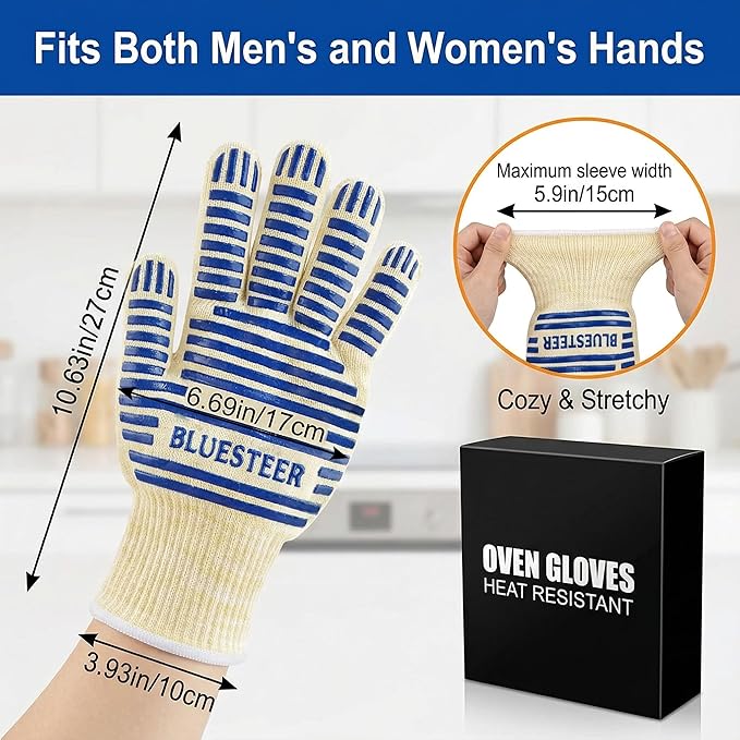 Oven Gloves, Heat Resistant 540 Degrees Grilling Gloves, Hot Surface Handler Non-Slip Silicone Oven Mitts with Fingers, BBQ Gloves for Cooking/Kitchen/Baking, Pack of 2