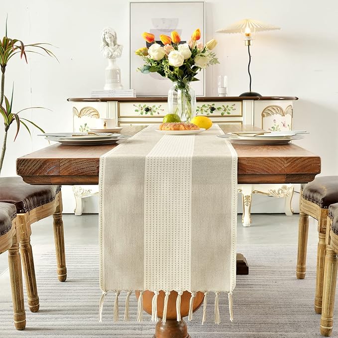 Wracra Linen Table Runner, Farmhouse Macrame Table Runners 48 Inches Long for Dining Table Decor, Wedding, Party and Dresser Decor (Light Coffee,48")