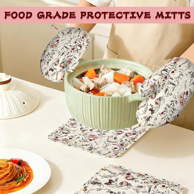 Retro Pink Floral Butterfly Heat-Resistant Silicone Oven Mitts and Pot Holders,Long Oven Gloves with Non-Slip Grip for Cooking, Baking, Grilling,BBQ