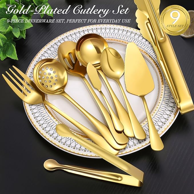 Mwellewm 17Pcs Serving Utensils, Gold Stainless Steel Serving Spoons, Slotted Spoon, Fork, Tongs, Cake Pie Server, Soup Spoon, Metal Buffet Banquet Cutlery Set for Parties Entertaining Catering