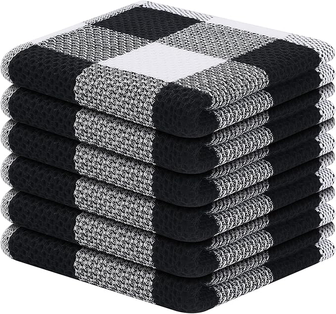 Mordimy 100% Cotton Waffle Weave Plaid Dish Cloths, 12 x 12 Inches, Super Soft and Absorbent Quick Drying Buffalo Check Dish Rags for Kitchen, 6-Pack, Black & White