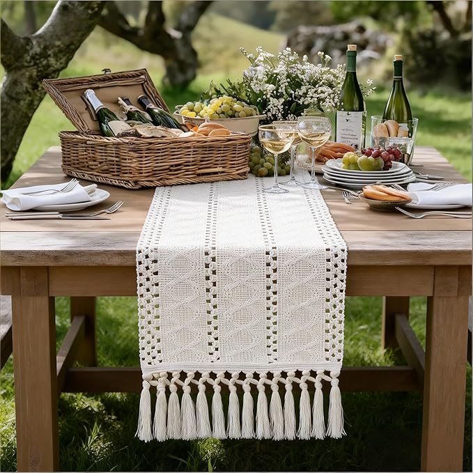 Socomi Boho Table Runner Macrame Easter Spring Farmhouse Woven Cotton Linen Rustic Coffee Table Runner with Tassels for Dresser Scarf Home Decor Dining Room 12x90 inch Cream Ivory