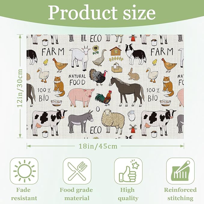 Farmhouse Animal Placemats Set of 6, Washable Heat Resistant Table Mat Linen Place Mats for Party Kitchen Dining Home Decor 12x18 Inch