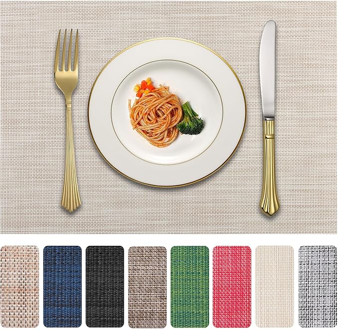 Vinyl Placemats Set of 4, PVC Woven Washable Non-Slip Table Mats, Heat Resistant Wrinkle Free Place Mats for Dining Table, Easy to Clean (4, Beige)